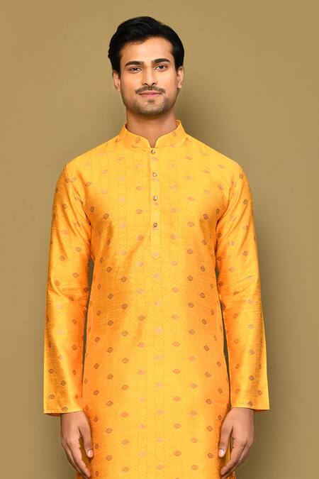 Buy Arihant Rai Sinha Yellow Jacquard Embroidery Geometric Motif Woven Kurta Online at Aza Fashions Buy_Arihant Rai Sinha_Yellow Jacquard Embroidery Geometric Motif Woven Kurta _Online_at_Aza_Fashions