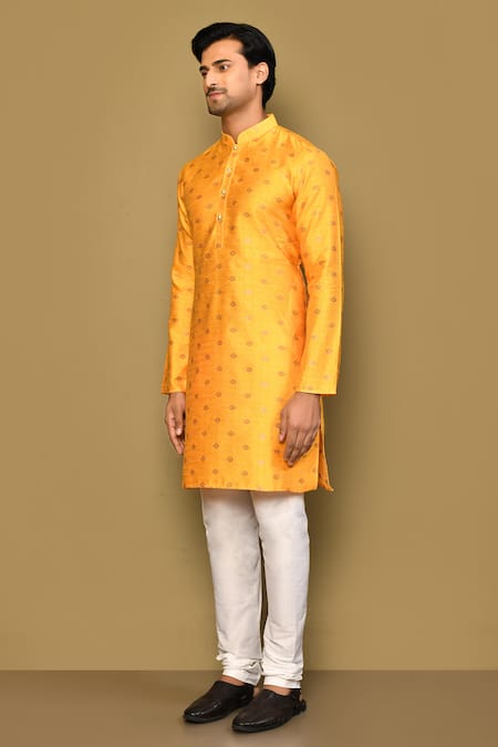 Shop_Arihant Rai Sinha_Yellow Jacquard Embroidery Geometric Motif Woven Kurta _Online_at_Aza_Fashions