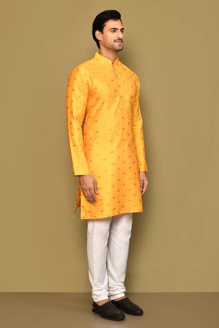 Arihant Rai Sinha_Yellow Jacquard Embroidery Geometric Motif Woven Kurta _at_Aza_Fashions
