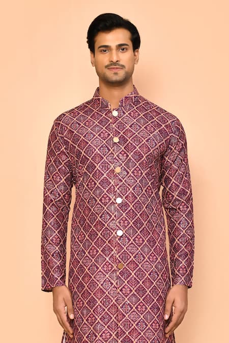 Arihant Rai Sinha_Purple Cotton Embroidery Baroque Bloom Print Kurta _Online_at_Aza_Fashions