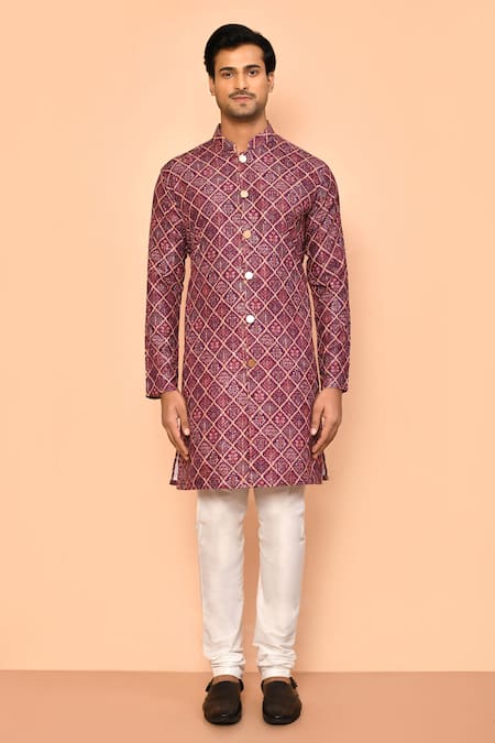 Buy_Arihant Rai Sinha_Purple Cotton Embroidery Baroque Bloom Print Kurta _Online_at_Aza_Fashions