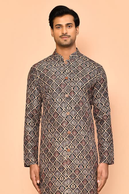 Arihant Rai Sinha_Green Cotton Embroidery Acanthus Bloom Print Kurta _Online_at_Aza_Fashions