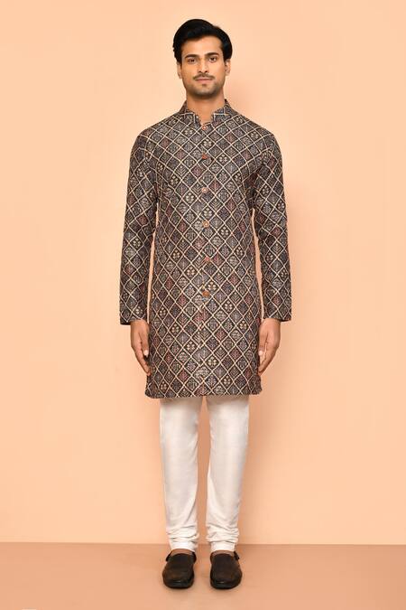 Buy_Arihant Rai Sinha_Green Cotton Embroidery Acanthus Bloom Print Kurta _Online_at_Aza_Fashions