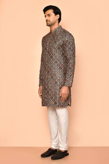 Shop_Arihant Rai Sinha_Green Cotton Embroidery Acanthus Bloom Print Kurta _Online_at_Aza_Fashions