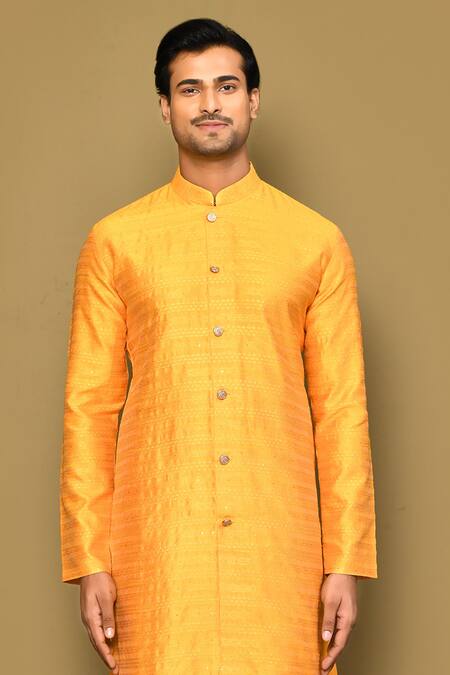Arihant Rai Sinha_Yellow Jacquard Pattern Straight Kurta _Online_at_Aza_Fashions
