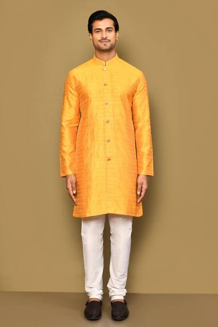 Buy_Arihant Rai Sinha_Yellow Jacquard Pattern Straight Kurta _Online_at_Aza_Fashions