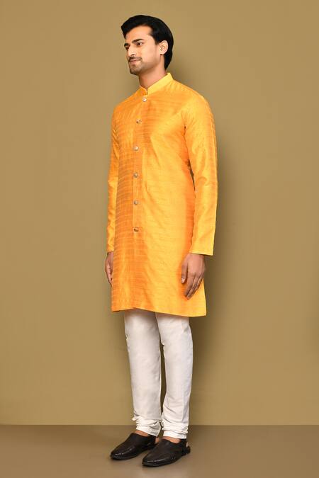 Shop_Arihant Rai Sinha_Yellow Jacquard Pattern Straight Kurta _Online_at_Aza_Fashions