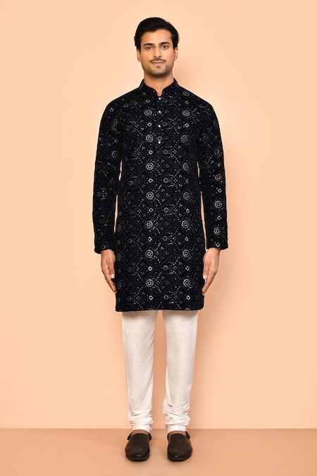 Buy_Arihant Rai Sinha_Blue Velvet Sequins, Embroidery Kurta _Online_at_Aza_Fashions