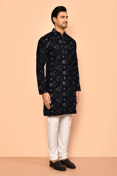 Arihant Rai Sinha_Blue Velvet Sequins, Embroidery Kurta _at_Aza_Fashions