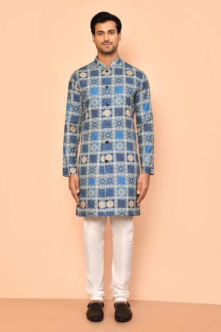 Arihant Rai Sinha Blue Cotton Sequins, Embroidery Bandhani Pattern Straight Kurta Online at Aza Fashions Arihant Rai Sinha_Blue Cotton Sequins, Embroidery Bandhani Pattern Straight Kurta _Online_at_Aza_Fashions