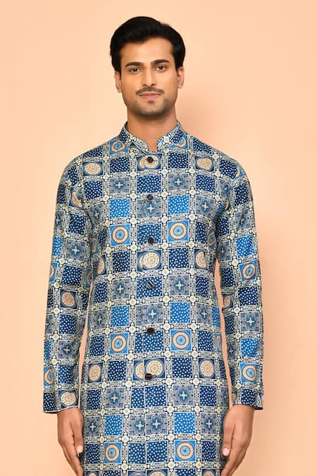 Buy Arihant Rai Sinha Blue Cotton Sequins, Embroidery Bandhani Pattern Straight Kurta Online at Aza Fashions Buy_Arihant Rai Sinha_Blue Cotton Sequins, Embroidery Bandhani Pattern Straight Kurta _Online_at_Aza_Fashions