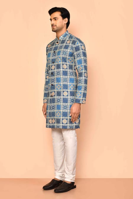 Shop Arihant Rai Sinha Blue Cotton Sequins, Embroidery Bandhani Pattern Straight Kurta Online at Aza Fashions Shop_Arihant Rai Sinha_Blue Cotton Sequins, Embroidery Bandhani Pattern Straight Kurta _Online_at_Aza_Fashions
