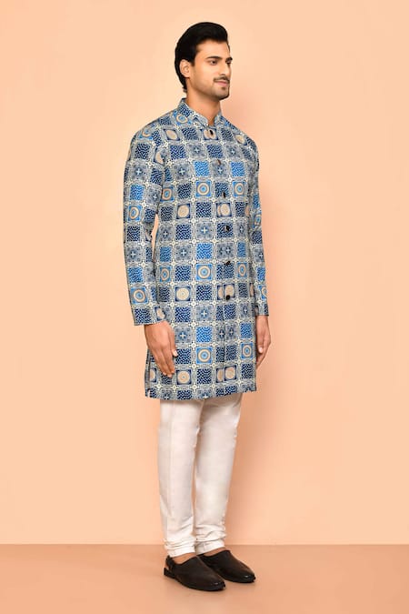 Arihant Rai Sinha Blue Cotton Sequins, Embroidery Bandhani Pattern Straight Kurta at Aza Fashions Arihant Rai Sinha_Blue Cotton Sequins, Embroidery Bandhani Pattern Straight Kurta _at_Aza_Fashions