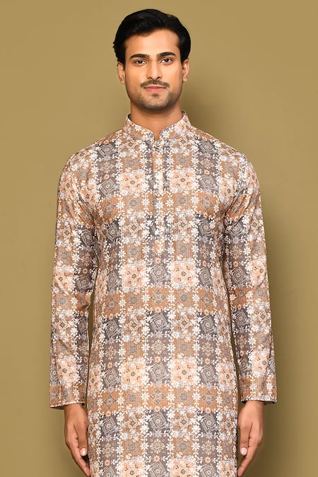 Buy_Arihant Rai Sinha_Brown Cotton Sequins, Embroidery Floral Pattern Kurta _Online_at_Aza_Fashions