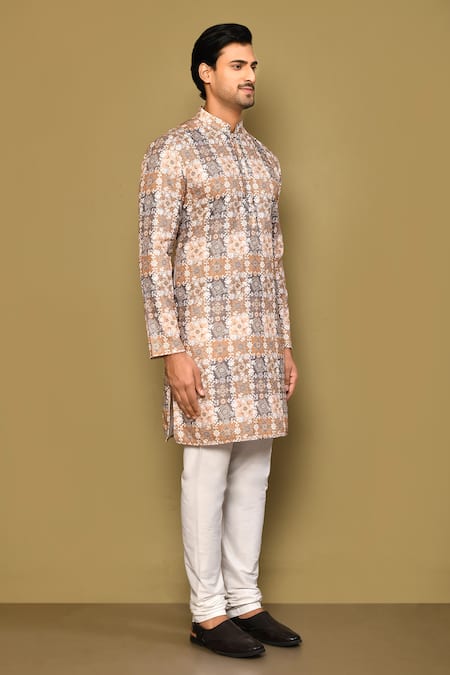 Arihant Rai Sinha_Brown Cotton Sequins, Embroidery Floral Pattern Kurta _at_Aza_Fashions