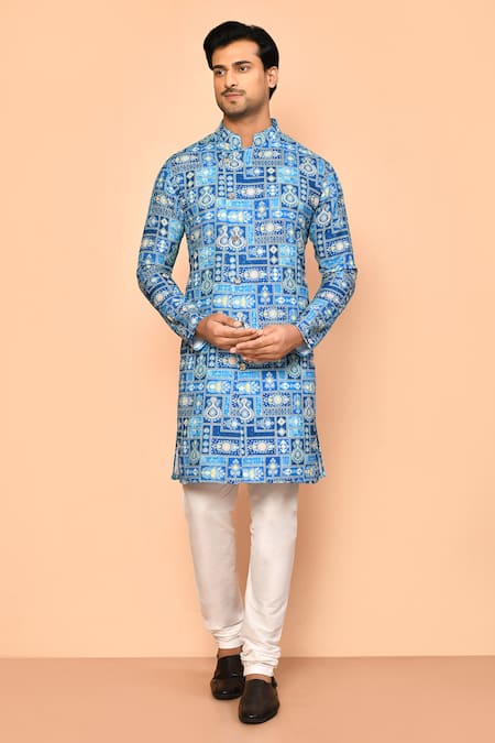 Arihant Rai Sinha Blue Soft Cotton Embroidered Thread Straight Overlap Kurta 