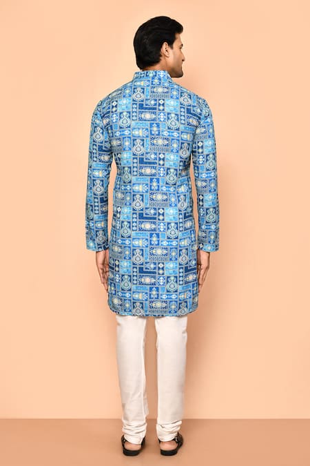 Shop_Arihant Rai Sinha_Blue Cotton Sequins, Embroidery Straight Overlap Kurta _at_Aza_Fashions