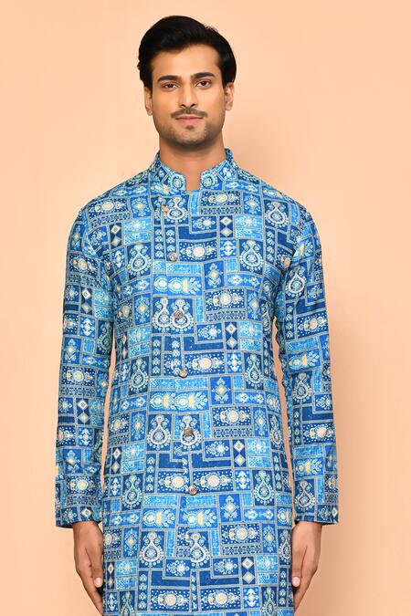 Buy Arihant Rai Sinha Blue Cotton Sequins, Embroidery Straight Overlap Kurta Online at Aza Fashions Buy_Arihant Rai Sinha_Blue Cotton Sequins, Embroidery Straight Overlap Kurta _Online_at_Aza_Fashions