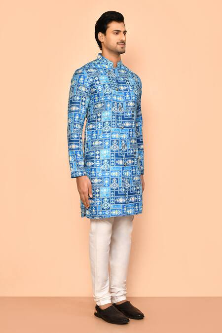 Arihant Rai Sinha_Blue Cotton Sequins, Embroidery Straight Overlap Kurta _at_Aza_Fashions