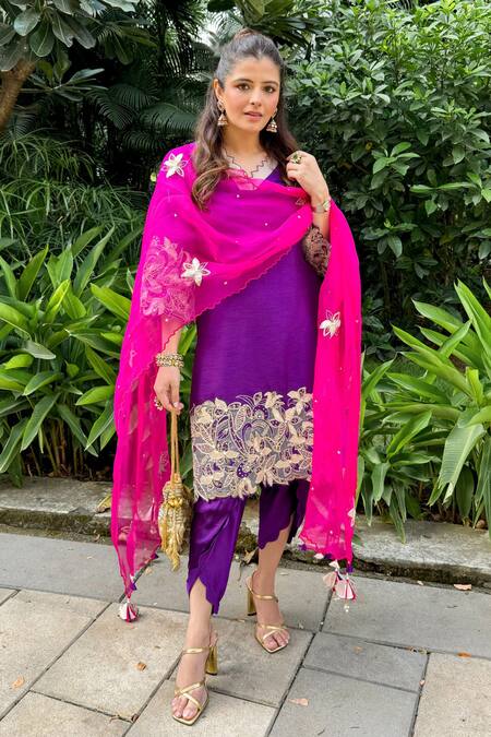 Surabhi Arya_Purple Modal, Satin, Silk, Organza Embroidery, Cutwork Kurta Dhoti Pant Set _Online_at_Aza_Fashions