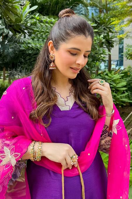 Buy_Surabhi Arya_Purple Modal, Satin, Silk, Organza Embroidery, Cutwork Kurta Dhoti Pant Set _Online_at_Aza_Fashions