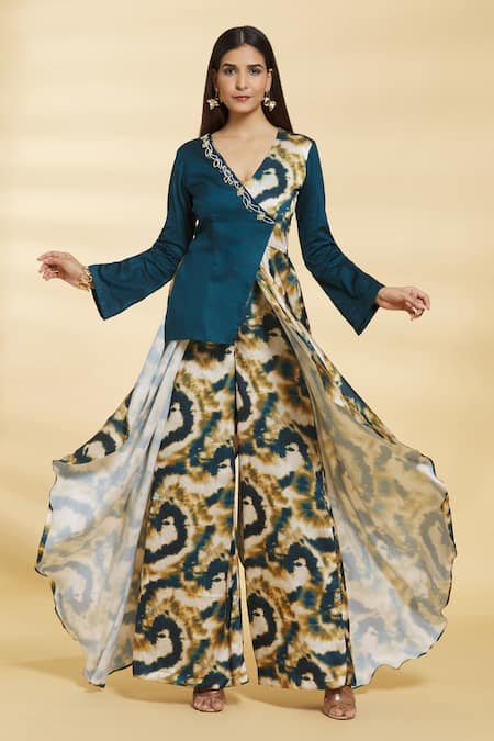 Samyukta Singhania_Blue Satin Embroidery V-neck Wrap Over Jumpsuit _at_Aza_Fashions