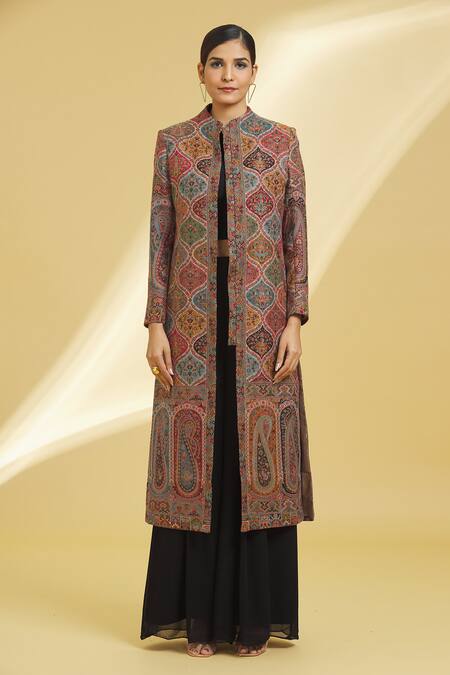 Buy Samyukta Singhania Multi Color Cotton Blend Woven Mughal Ogee Pattern Round Jamawar Jacket Online at Aza Fashions Buy_Samyukta Singhania_Multi Color Cotton Blend Woven Mughal Ogee Pattern Round Jamawar Jacket_Online_at_Aza_Fashions