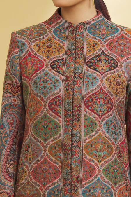 Samyukta Singhania Multi Color Cotton Blend Woven Mughal Ogee Pattern Round Jamawar Jacket at Aza Fashions Samyukta Singhania_Multi Color Cotton Blend Woven Mughal Ogee Pattern Round Jamawar Jacket_at_Aza_Fashions