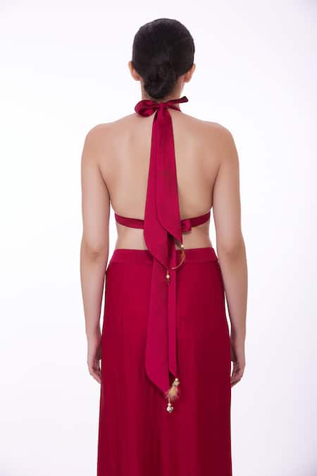 Buy_Dilnaz_Pink Net, Polyester Halter Neck Pearl Embellished Bikini_Online_at_Aza_Fashions