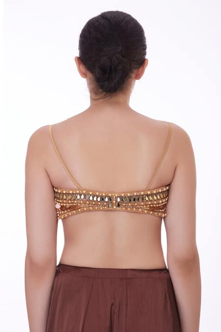 Shop_Dilnaz_Gold Net Hand Embroidered Mirror Deep Round Neck Pearl And Blouse_at_Aza_Fashions