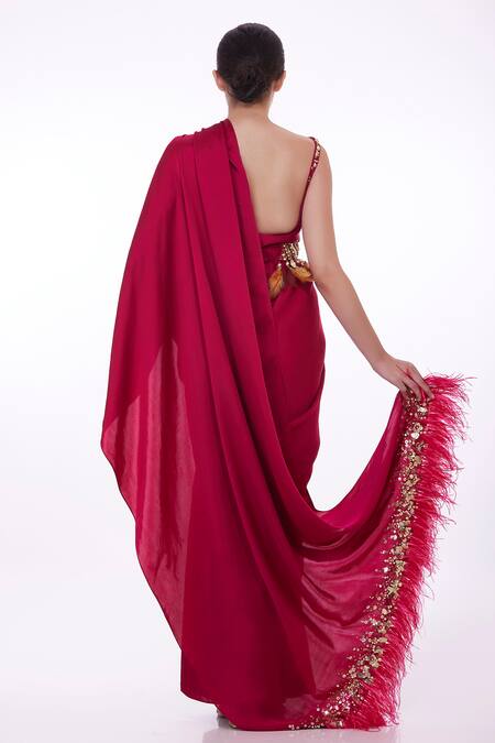 Shop Dilnaz Red Satin, Net, Polyester, Lace Embroidered Pre-draped Saree And Blouse Set at Aza Fashions Shop_Dilnaz_Red Satin, Net, Polyester, Lace Embroidered Pre-draped Saree And Blouse Set_at_Aza_Fashions