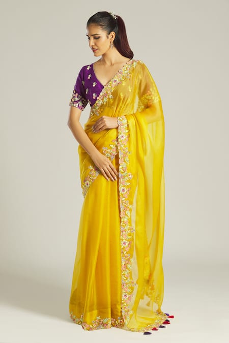 Kanjivaram Silk Yellow Saree with Handwork Blouse – Sunasa