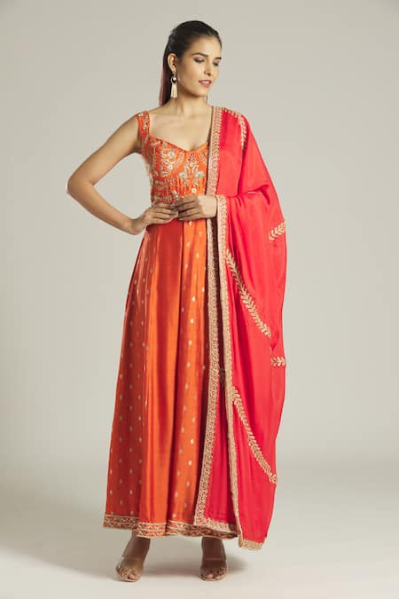 Buy Samyukta Singhania Orange Mohair, Chiffon Embroidery Floral Pattern Panelled Anarkali With Dupatta Online at Aza Fashions Buy_Samyukta Singhania_Orange Mohair, Chiffon Embroidery Floral Pattern Panelled Anarkali With Dupatta _Online_at_Aza_Fashions