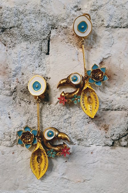 Shop AK-OK Multi Color Flamingo Love Carved Dangler Earrings at Aza Fashions Shop_AK-OK_Multi Color Flamingo Love Carved Dangler Earrings _at_Aza_Fashions