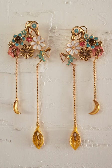 Shop AK-OK Gold Plated Blooming Carved Long Earrings at Aza Fashions Shop_AK-OK_Gold Plated Blooming Carved Long Earrings _at_Aza_Fashions
