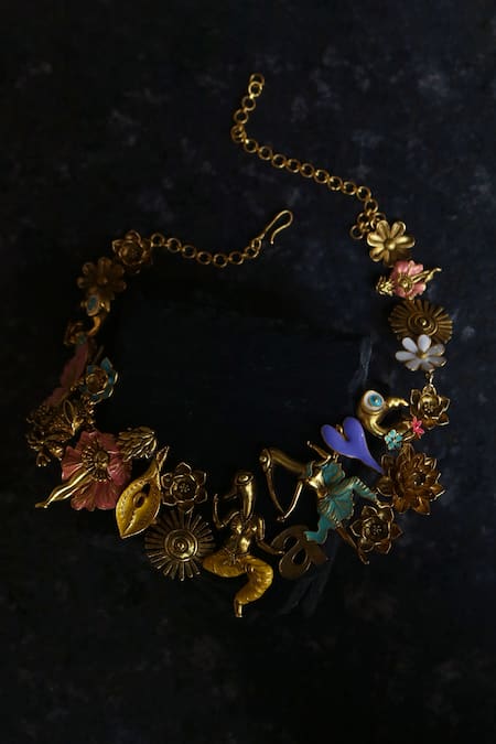 Shop AK-OK Gold Plated Garden Of Love Carved Necklace at Aza Fashions Shop_AK-OK_Gold Plated Garden Of Love Carved Necklace _at_Aza_Fashions