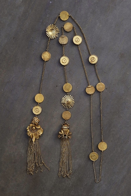 Shop AK-OK Gold Plated Cut Work Floral Carved Coin Scarf Necklace at Aza Fashions Shop_AK-OK_Gold Plated Cut Work Floral Carved Coin Scarf Necklace _at_Aza_Fashions