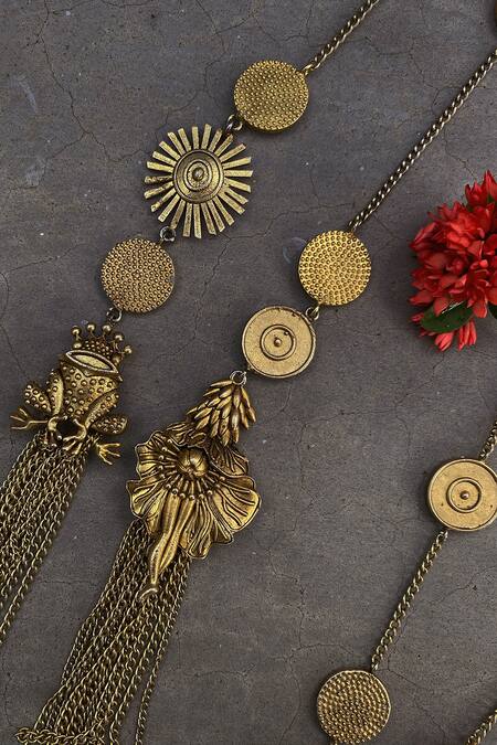 AK-OK Gold Plated Cut Work Floral Carved Coin Scarf Necklace Online at Aza Fashions AK-OK_Gold Plated Cut Work Floral Carved Coin Scarf Necklace _Online_at_Aza_Fashions