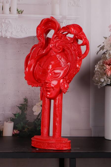 The White Ink Decor_Red Poly Resin Celine Masquerade Carved Showpiece_Online_at_Aza_Fashions
