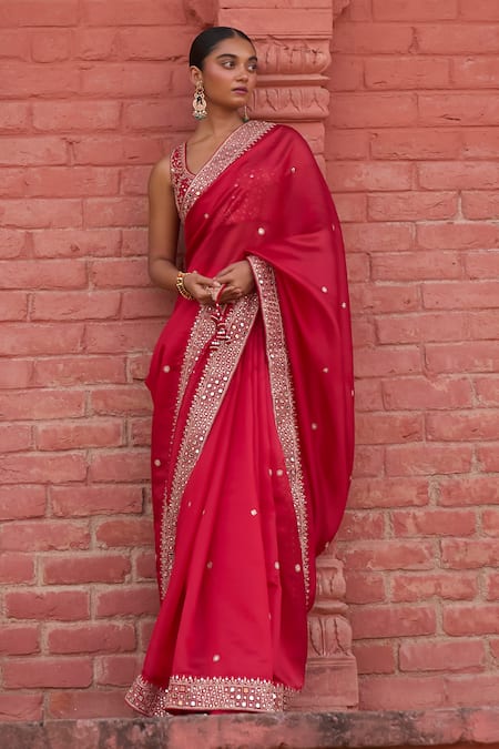 Shop Punit Balana Red Chanderi Silk, Organza Embroidery, Mirrors, Surkh Border Saree With Blouse at Aza Fashions Shop_Punit Balana_Red Chanderi Silk, Organza Embroidery, Mirrors, Surkh Border Saree With Blouse _at_Aza_Fashions