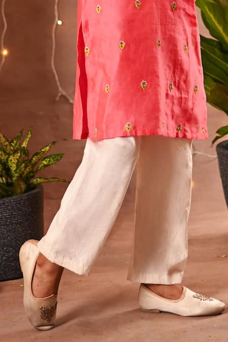 Mini Trails_Pink , Satin Embroidery Kurta And Pant Set _Online_at_Aza_Fashions