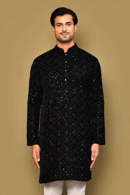 Buy_Arihant Rai Sinha_Black Velvet, Polyester Stones Thread And Sequin Embroidered Kurta Set_Online_at_Aza_Fashions