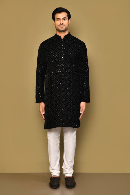 Shop_Arihant Rai Sinha_Black Velvet, Polyester Stones Thread And Sequin Embroidered Kurta Set_Online_at_Aza_Fashions