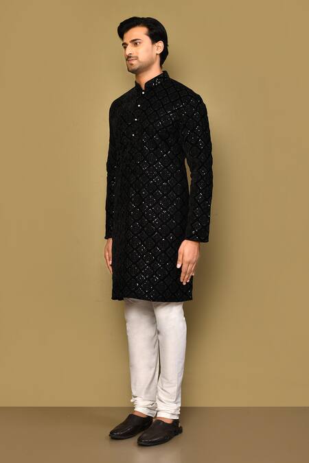 Arihant Rai Sinha_Black Velvet, Polyester Stones Thread And Sequin Embroidered Kurta Set_at_Aza_Fashions