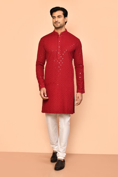 Arihant Rai Sinha Maroon Kurta Rayon Embroidered Thread And Sequin Work Floral Ogee Set 