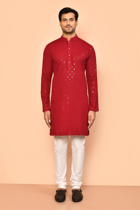 Shop_Arihant Rai Sinha_Maroon Rayon, Polyester, Viscose Stones Floral Ogee Sequin Embroidered Kurta Set _Online_at_Aza_Fashions