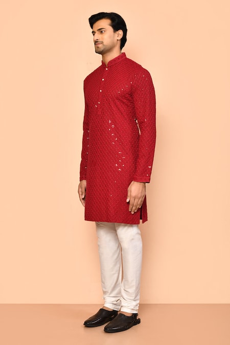Arihant Rai Sinha_Maroon Rayon, Polyester, Viscose Stones Floral Ogee Sequin Embroidered Kurta Set _at_Aza_Fashions