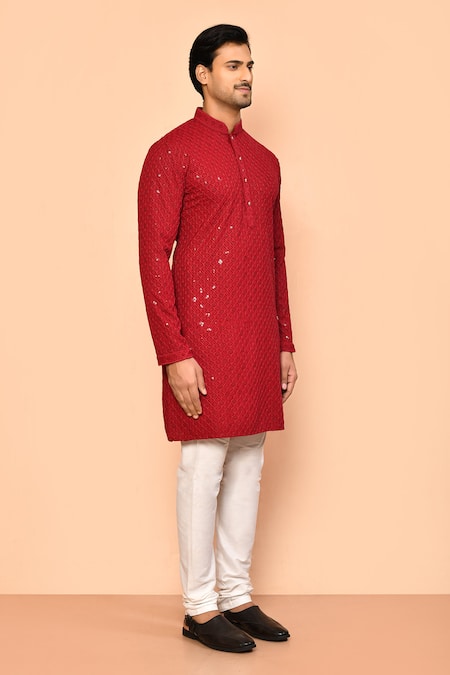 Buy_Arihant Rai Sinha_Maroon Rayon, Polyester, Viscose Stones Floral Ogee Sequin Embroidered Kurta Set 