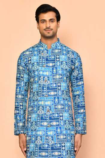 Shop_Arihant Rai Sinha_Blue Cotton, Polyester Embroidery Moroccan Tiles Print Kurta Set _Online_at_Aza_Fashions