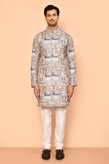 Buy_Arihant Rai Sinha_Multi Color Cotton, Polyester, Viscose Embroidery Moroccan Print Kurta Set_Online_at_Aza_Fashions